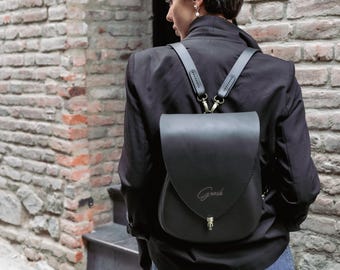 Hand Stitched Black Leather Backpack Purse: Personalized Travel Rucksack