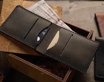 Hand Stitched Leather Bifold Wallet, Slim Personalized Card Holder