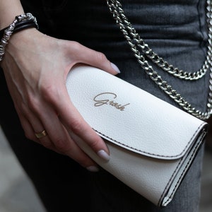 Cartera grande de cuero, cartera de mano blanca, monedero de cuero, monedero de cuero para mujer, billetera hecha a mano para ella, regalo para esposa, billetera para mujer