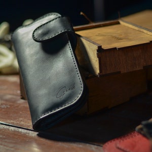 Cartera de motociclista negra PERSONALIZADA, Cartera larga de cuero para hombre, Cartera de camionero con cremallera, Cartera de viaje con monograma, Cartera plegable de cuero negro imagen 2