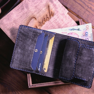billetera de cuero con bolsillo para monedas, billetera para monedas, billetera de cuero para hombre hecha a mano, portatarjetas bifold, billetera frontal para hombre, regalo único para él