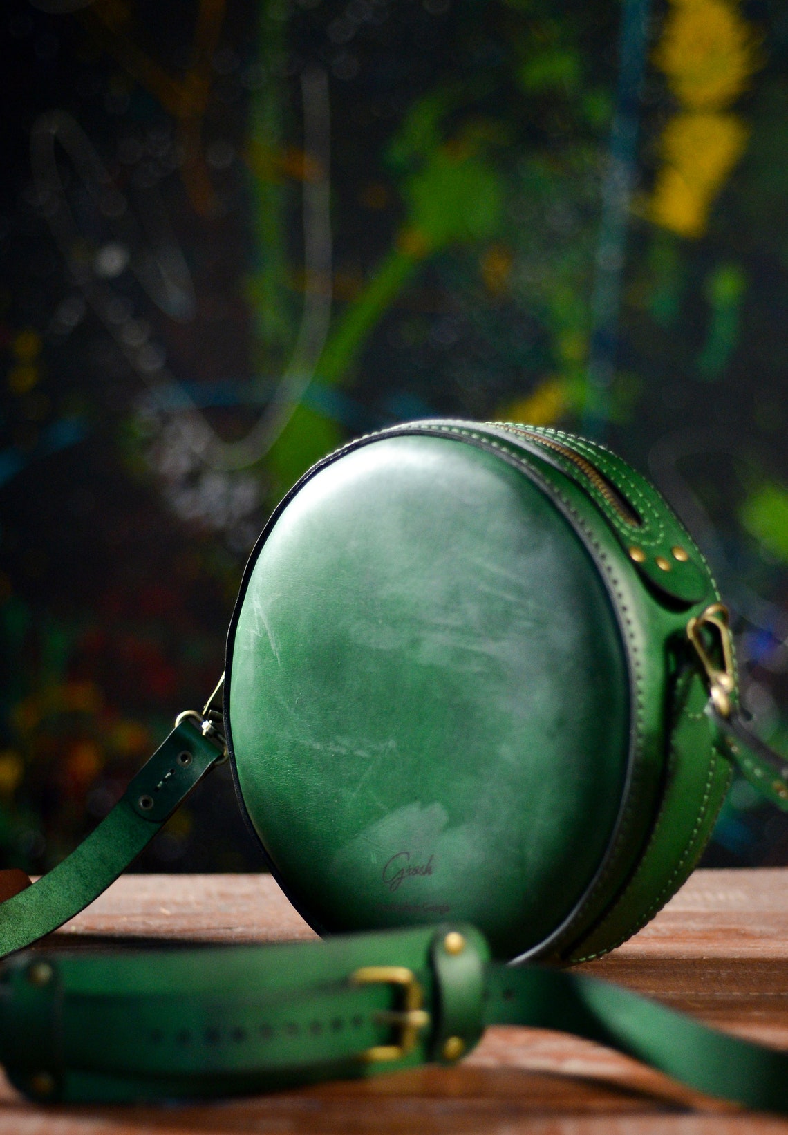 Green leather crossbody bag for women Circle handbag purse Etsy