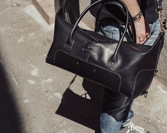 Handmade Full Grain Black Leather Duffle Bag: Personalized Travel Weekender