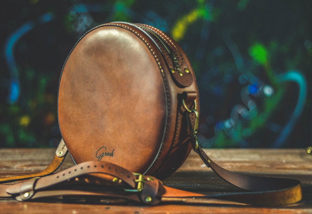 Round Leather Crossbody Bag for Women, Brown Leather Shoulder Bag