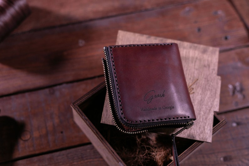 Cartera pequeña con cremallera para hombre y mujer, cartera biker con cremallera, cartera personalizada, cartera tarjetero con cremallera, cartera de viaje Marrón