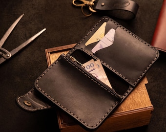 Handmade Black Leather Biker Wallet: Personalized Zipper Wallet