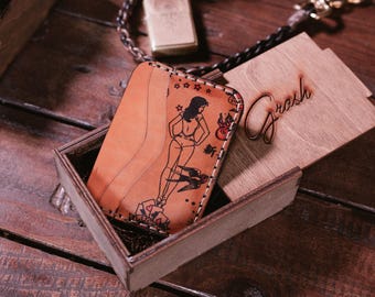 Old School Tattoo Leather Wallet: Handmade Italian Leather Card Holder