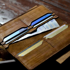 Lange leren portemonnee met monogram, gegraveerd cadeau voor mannen, handgemaakte lederen tweevoudige portemonnee, lederen clutch portemonnee, kerstcadeau