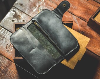 Cartera de motociclista negra PERSONALIZADA, Cartera larga de cuero para hombre, Cartera de camionero con cremallera, Cartera de viaje con monograma, Cartera plegable de cuero negro