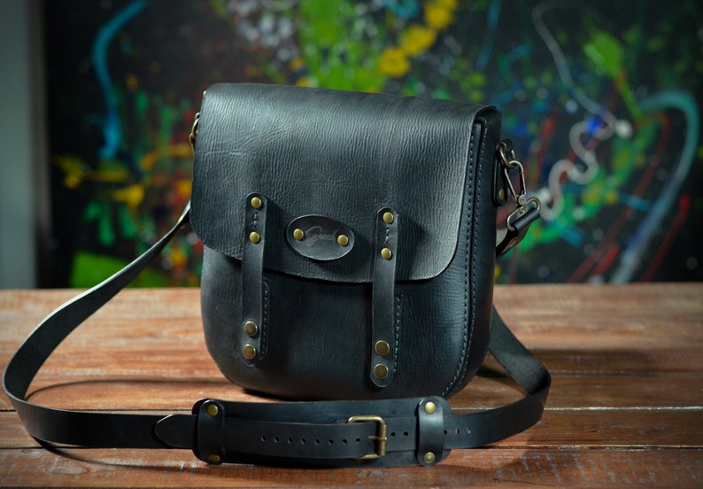 Schwarze Messenger-Tasche für Frauen, Leder Classy Bag, handgemachte mittlere Crossbody Geldbörse, jeden Tag DamenTasche Bild 8