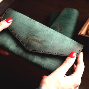 Womens leather purse, large wallet with zipper, personalized gift for her, Custom wallet, ladies wallet, Green leather clutch bag