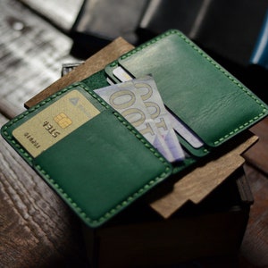 Green card holder wallet, Small groomsmen gifts, Personalized credit card holder, bi fold front pocket card case, minimalist men wallet image 7