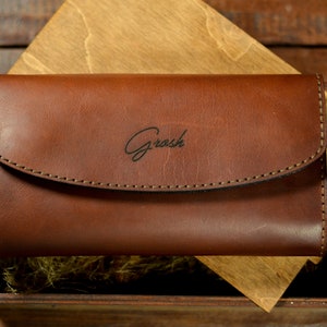 Cartera de cuero para mujer, cartera clutch en cuero marrón, regalo para mujer, bolsa con cremallera grande para mujer, billetera personalizada, regalo para novia