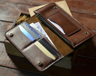 Cartera de pasaporte larga personalizada para hombres, Cartera de viaje grande y elegante para él, cartera de cuero marrón para regalo del día del padre, cartera larga para mujer