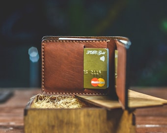 Personalized Brown Leather Bifold Wallet: Handmade Minimalist Card Holder