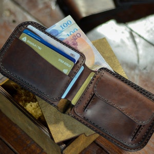 Portafoglio in pelle da uomo con monete, portafoglio bifold da uomo con tasca porta monete, piccolo portafoglio porta monete, portafoglio per carte personalizzato, portafoglio per carte di credito in pelle marrone