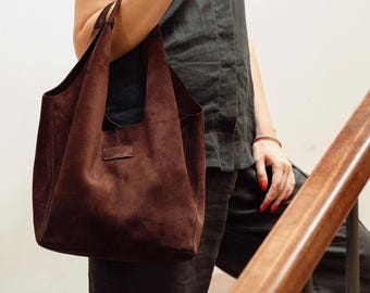 Handmade Suede Tote Bag: Burgundy Minimalist Shopper