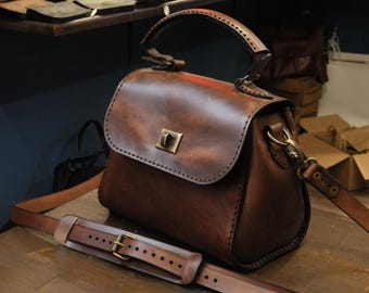 Handmade Leather Crossbody Bag: Small Brown Satchel, Hand-Stitched