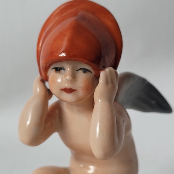 Delightful Half Doll Cherub with Apollo Helmet, Vintage Antique Art Deco 1920s