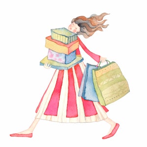 Download digitale scaricabile, Ragazza che fa shopping. Clip Art per bigliettini , cartoline, inviti. Illustrazione.shopping