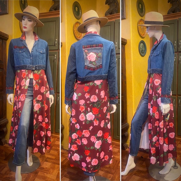 Upcycled Denim Duster, refashioned red rose Duster, Gypsy Coat, Embellished Denim,Boho Duster,boho western, Festival Duster,size M,patchwork