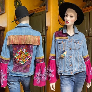Upcycled Boho Denim Jacket, embellished Denim Jacket, Boho Western Jacket, Festival Jacket, Patchwork Denim,size M,Gypsy Jacket,sustainable