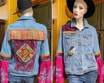 Upcycled Boho Denim Jacket, embellished Denim Jacket, Boho Western Jacket, Festival Jacket, Patchwork Denim,size M,Gypsy Jacket,sustainable