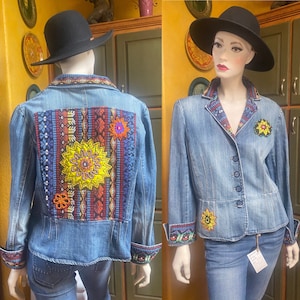 Upcycled Denim Jacket, Embellished Denim Jacket, refashioned jean jacket, Boho denim Jacket, Festival denim jacket, Patchwork Jacket.size XL