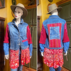 Upcycled Denim vest, refashioned denim Duster, patchwork denim, jean jacket,DenimJacket, Boho hippy duster,Gypsy coat,Boho western, size M/L