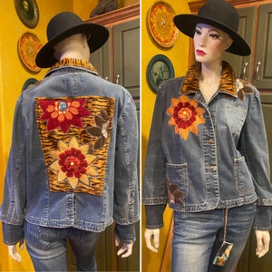 Upcycled Denim Jacket, embellished Denim Jacket, boho denim Jacket, Refashioned Denim, Boho Western Jacket, jean jacket, size XL, patchwork