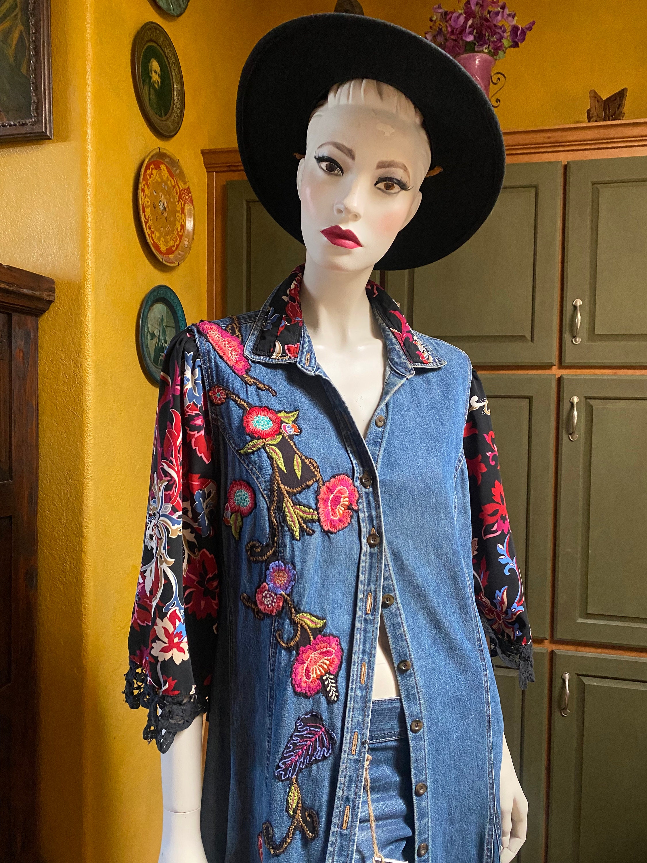 Upcycled Embroidered Denim Duster, Vintage Denim Duster, Refashioned Denim Duster, Boho Duster,festival Duster, Size S,long Denim Jacket - Etsy Upcycled Embroidered Denim Duster, Vintage Denim Duster, Refashioned Denim Duster, Boho Duster,festival Duster, Size S,long Denim Jacket - Etsy