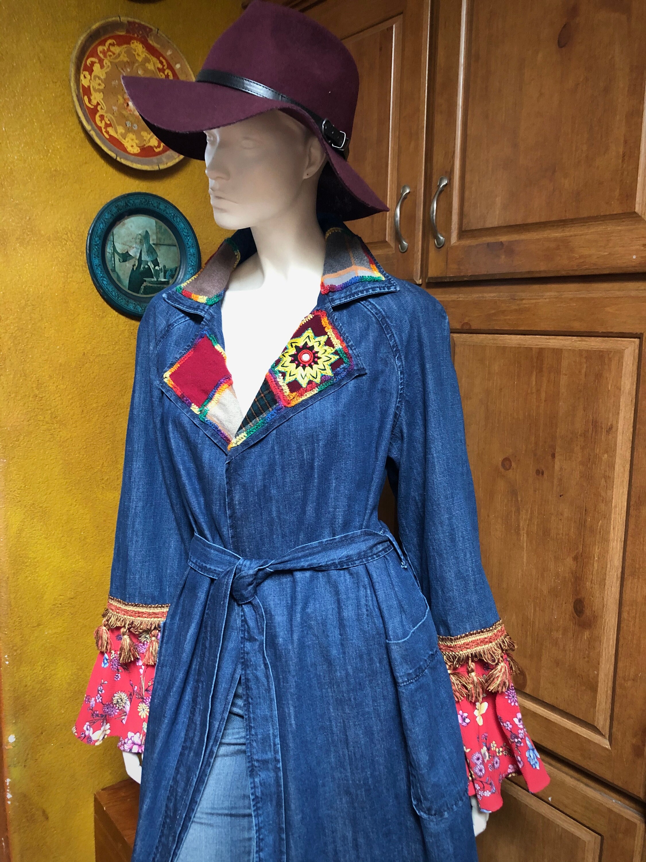 Upcycled Long Denim Coat Gypsy Coat Denim Trench Coat - Etsy