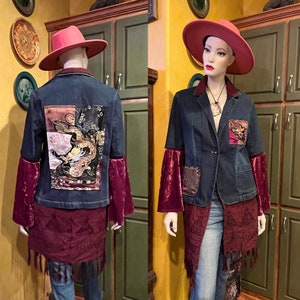 Upcycled Dragon Duster, Refashioned Denim Blazer, Boho embellished Denim Jacket, OOAK, Boho Western, Wearable Art,Festival Fashion, Cowgirl