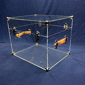 May include: A clear acrylic storage trunk with two wooden handles and gold-colored metal hardware.