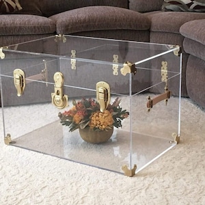 Flat-Top Clear Acrylic Trunk, 28 inches Wide x 18 inches deep x 16 inches high, Brass Hardware