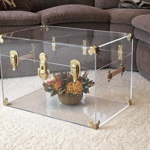May include: A clear acrylic coffee table with gold-toned hardware and a floral arrangement in a ceramic pot. The table is sitting on a white carpet.