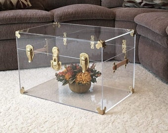 Flat-Top Clear Acrylic Trunk, 28 inches Wide x 18 inches deep x 16 inches high, Brass Hardware