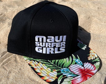 Adult Flatbrim Snapback Hat Black Hibiscus Print Black Brim Embroidered Maui Surfer Girls Logo