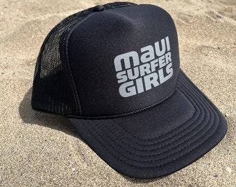 Black & Silver Adult Trucker Hat Maui Surfer Girls Block Text Logo