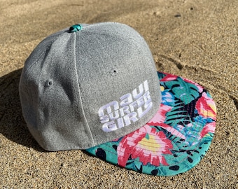 Tropical Ginger Print Grey Panels Adult Flatbrim Snapback Hat Embroidered Maui Surfer Girls Logo