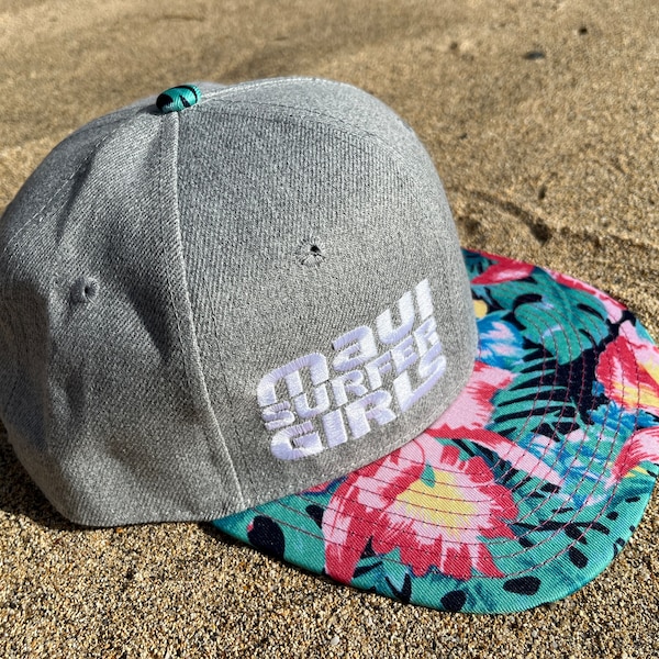 Tropical Ginger Print Grey Panels Adult Flatbrim Snapback Hat Embroidered Maui Surfer Girls Logo