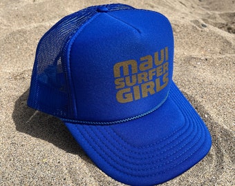 Royal Blue & Gold Adult Trucker Hat Maui Surfer Girls Block Text Logo