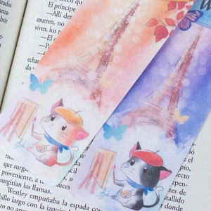 Paris Lesezeichen mit Katzenkünstler und dem Eiffelturm - Kawaii Geschenk für Buchliebhaber