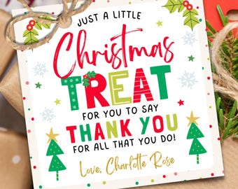 May include: Christmas gift tags with the message "Christmas Treat" in red, green, and white, tied with twine to a wrapped gift. The tag includes the text "Thank You" and is surrounded by festive decorations, including pine and red snowflake accents.