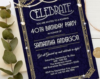Invitación editable El Gran Gatsby en azul marino, invitación de cumpleaños para adultos, locos años 20, invitación Art Decó, elegante con purpurina, 40.° 50.° cumpleaños