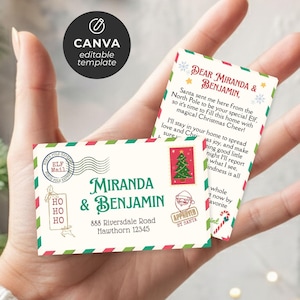 Puede incluir: Una carta y un sobre con temática navideña se sostienen en una mano. El sobre está decorado con bordes rojos y verdes, el texto "Elf Mail" y los nombres "Miranda & Benjamin". La carta incluye un mensaje de Papá Noel.