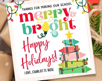 Etiquetas de regalo "Gracias por hacer que la escuela sea alegre y brillante" / Etiquetas de regalo de crayones navideños para niños Canva