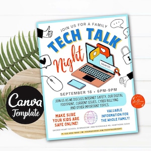 May include: A blue and orange flyer with the text "Tech Talk Night" and a cartoon laptop with a search bar. The flyer advertises a family event about internet safety, cyberbullying, and other important topics. The event is on September 18th from 6pm to 9pm at Sacred Heart School Gymnasium.