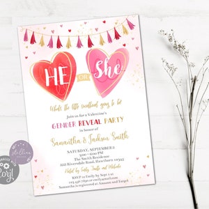Valentine Gender Reveal Invitation, Valentine Baby Shower Invitation, Quel sera le petit amour, il ou elle, rose ou bleu