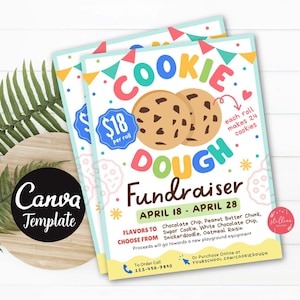 Folleto editable para recaudación de fondos de masa para galletas, recaudación de fondos de PTA PTO, beneficio benéfico deportivo del equipo de la iglesia, plantilla CANVA de venta de galletas horneadas colorida